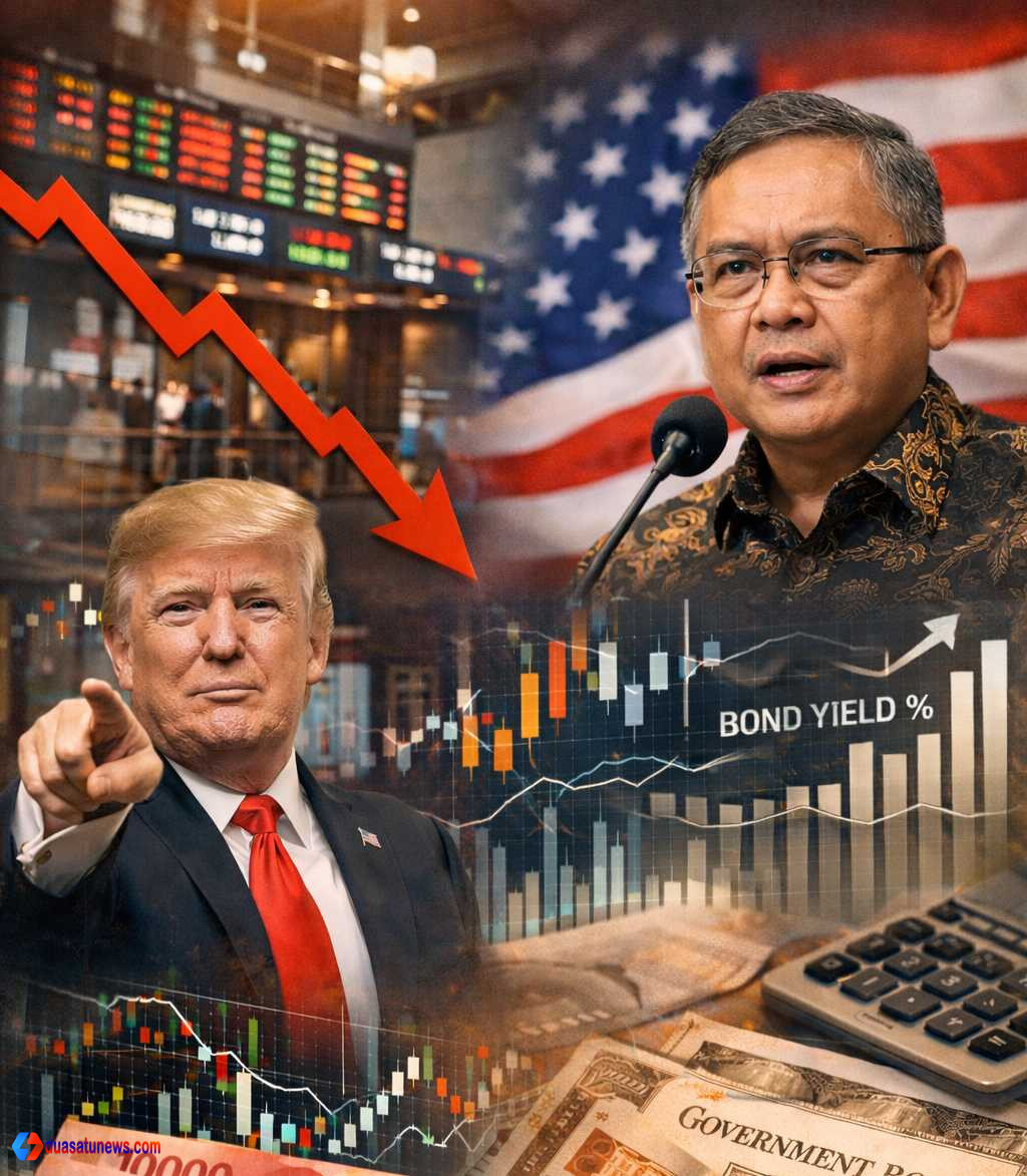 Ilustrasi kebingungan tarif Trump dan respons Purbaya terhadap gejolak pasar keuangan Indonesia
