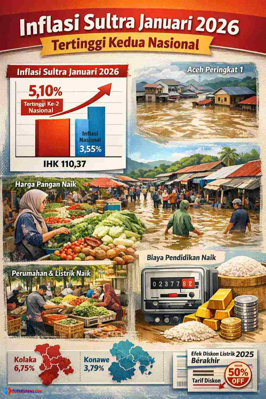 Ilustrasi inflasi Sultra Januari 2026 tertinggi kedua nasional dengan grafik kenaikan IHK, harga pangan, tarif listrik, dan biaya pendidikan