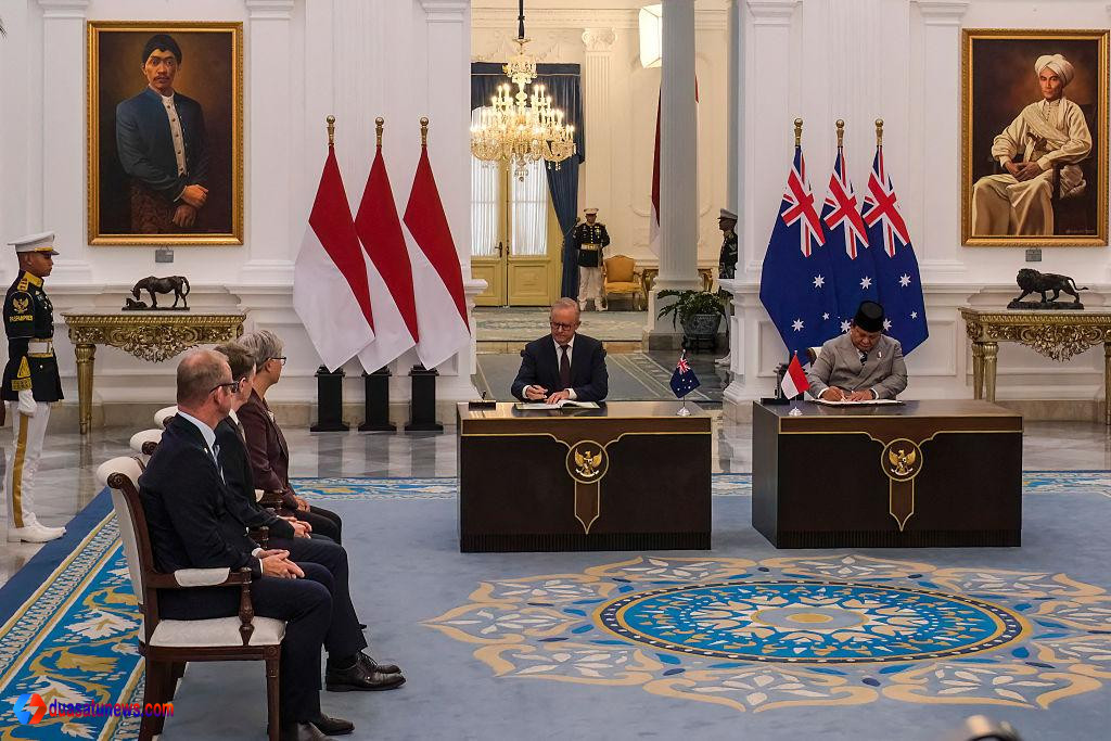 Presiden Prabowo Subianto dan PM Australia Anthony Albanese saat konferensi pers Traktat Keamanan RI Australia di Istana Negara Jakarta