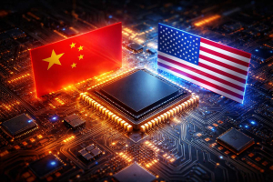 Ilustrasi pasar gelap chip AI antara Amerika Serikat dan Tiongkok di atas papan sirkuit semikonduktor