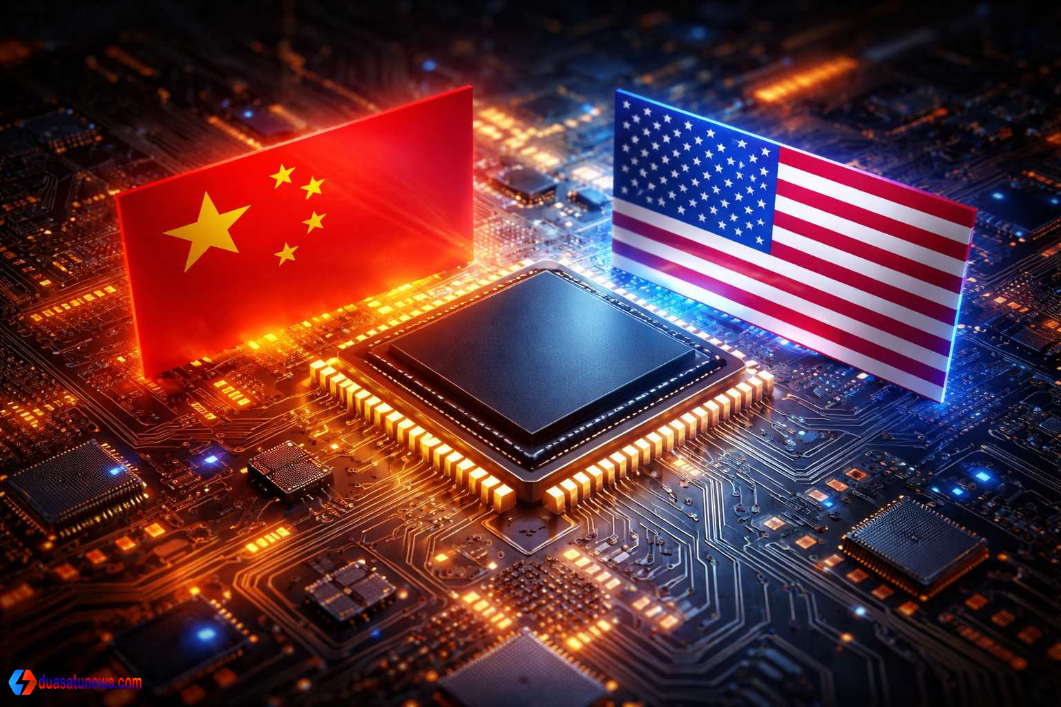 Ilustrasi pasar gelap chip AI antara Amerika Serikat dan Tiongkok di atas papan sirkuit semikonduktor