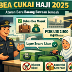 Ilustrasi bea cukai haji 2025 saat petugas memeriksa barang bawaan jemaah dengan aturan pembebasan bea masuk dan pelaporan lisan.