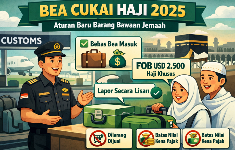 Ilustrasi bea cukai haji 2025 saat petugas memeriksa barang bawaan jemaah dengan aturan pembebasan bea masuk dan pelaporan lisan.