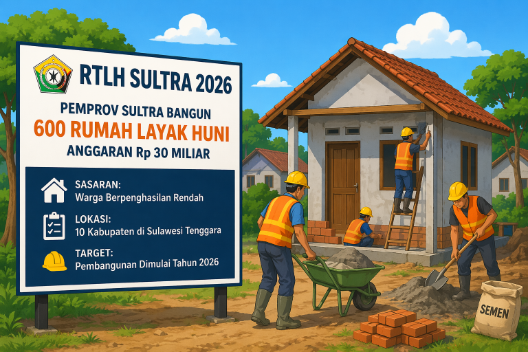 Ilustrasi program RTLH Sultra 2026 yang menampilkan pembangunan 600 rumah layak huni oleh Pemprov Sulawesi Tenggara dengan pekerja konstruksi di lokasi proyek