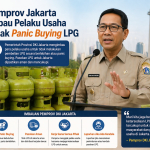 Pejabat Pemprov DKI Jakarta mengimbau pelaku usaha untuk tidak panic buying LPG, dengan latar belakang Monas dan tabung LPG. Infografis menunjukkan pesan untuk menjaga kestabilan pasokan dan membeli LPG sesuai kebutuhan."