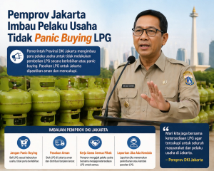 Pejabat Pemprov DKI Jakarta mengimbau pelaku usaha untuk tidak panic buying LPG, dengan latar belakang Monas dan tabung LPG. Infografis menunjukkan pesan untuk menjaga kestabilan pasokan dan membeli LPG sesuai kebutuhan."