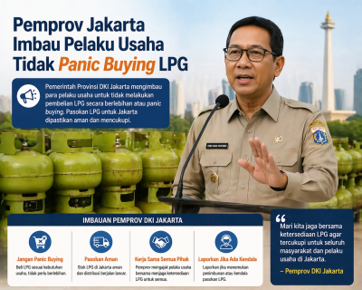 Pejabat Pemprov DKI Jakarta mengimbau pelaku usaha untuk tidak panic buying LPG, dengan latar belakang Monas dan tabung LPG. Infografis menunjukkan pesan untuk menjaga kestabilan pasokan dan membeli LPG sesuai kebutuhan."
