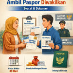 Ilustrasi ambil paspor diwakilkan di kantor imigrasi dengan dokumen seperti surat kuasa, KTP, dan kartu keluarga.
