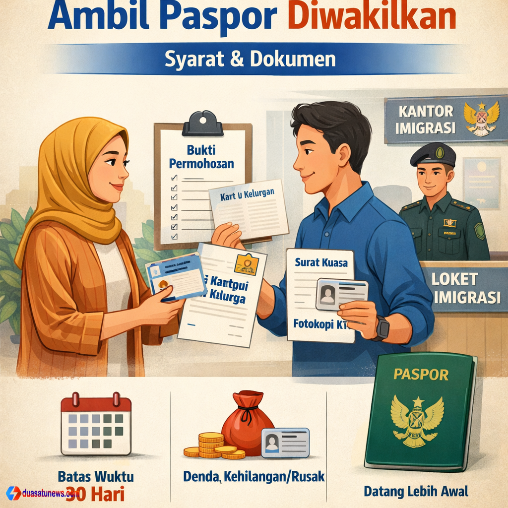 Ilustrasi ambil paspor diwakilkan di kantor imigrasi dengan dokumen seperti surat kuasa, KTP, dan kartu keluarga.