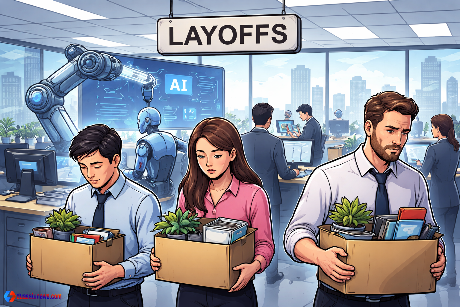 PHK 2026 akibat AI di perusahaan global, karyawan meninggalkan kantor setelah pemutusan kerja
