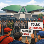 demo buruh DPR 2026 di Jakarta dengan tuntutan tolak outsourcing dan kenaikan upah