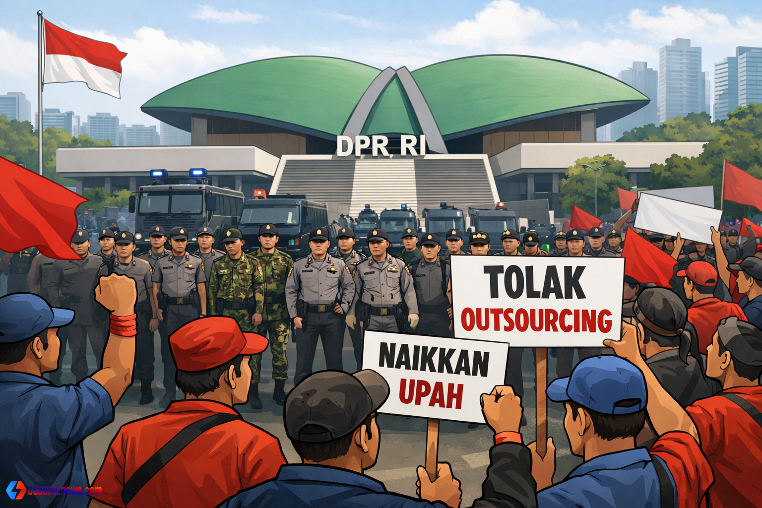 demo buruh DPR 2026 di Jakarta dengan tuntutan tolak outsourcing dan kenaikan upah