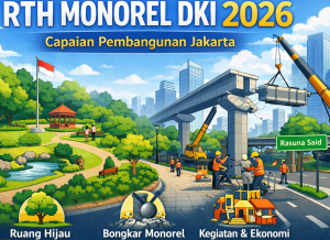 RTH monorel DKI 2026 ilustrasi taman kota dan pembongkaran tiang monorel di Jakarta