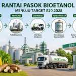 Ilustrasi rantai pasok bioetanol dari bahan baku hingga pencampuran E20 untuk mendukung energi bersih di Indonesia