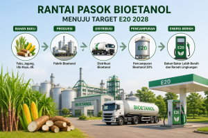 Ilustrasi rantai pasok bioetanol dari bahan baku hingga pencampuran E20 untuk mendukung energi bersih di Indonesia