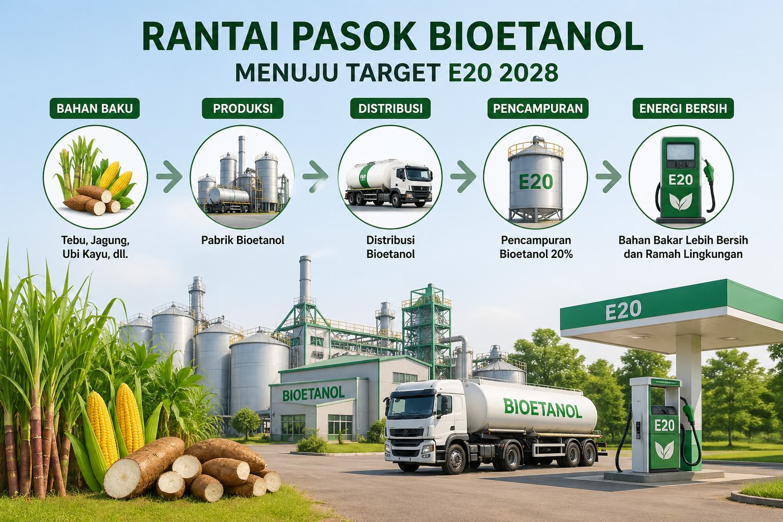 Ilustrasi rantai pasok bioetanol dari bahan baku hingga pencampuran E20 untuk mendukung energi bersih di Indonesia