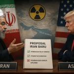 Ilustrasi negosiasi tegang antara Iran dan Amerika Serikat, menampilkan proposal Iran baru yang menunda pembahasan nuklir serta fokus pada pembukaan Selat Hormuz dan stabilitas kawasan.