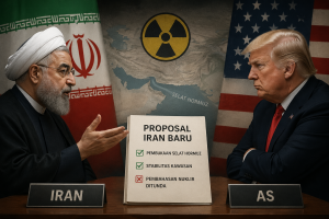 Ilustrasi negosiasi tegang antara Iran dan Amerika Serikat, menampilkan proposal Iran baru yang menunda pembahasan nuklir serta fokus pada pembukaan Selat Hormuz dan stabilitas kawasan.