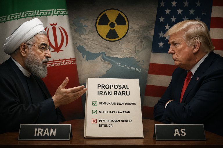 Ilustrasi negosiasi tegang antara Iran dan Amerika Serikat, menampilkan proposal Iran baru yang menunda pembahasan nuklir serta fokus pada pembukaan Selat Hormuz dan stabilitas kawasan.