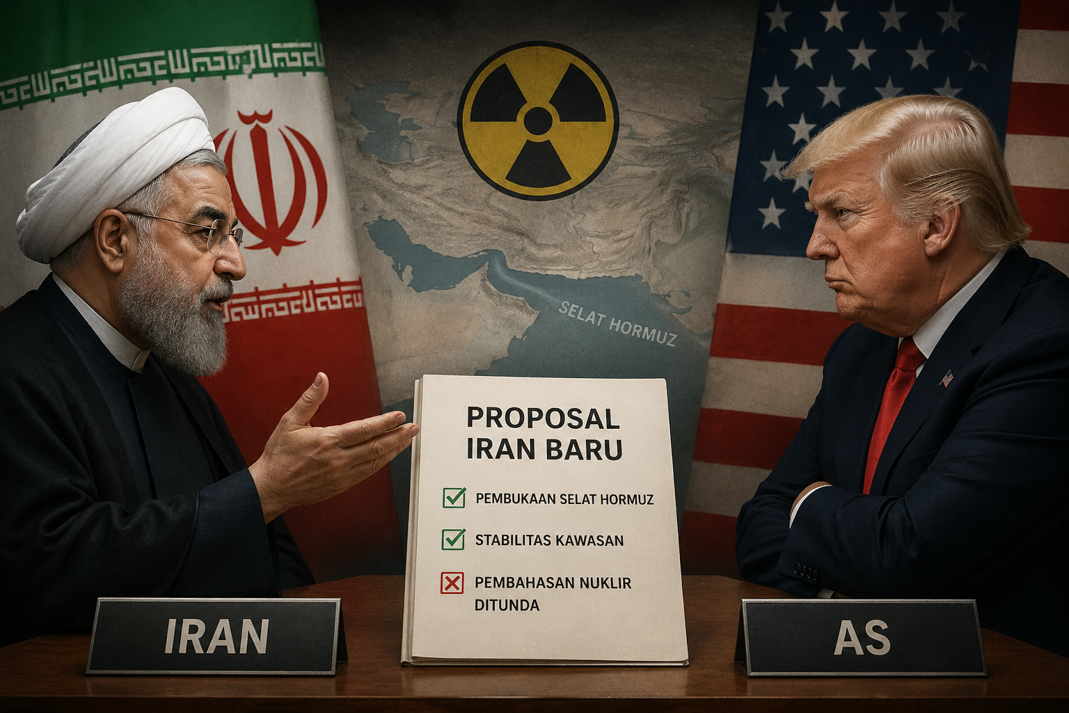 Ilustrasi negosiasi tegang antara Iran dan Amerika Serikat, menampilkan proposal Iran baru yang menunda pembahasan nuklir serta fokus pada pembukaan Selat Hormuz dan stabilitas kawasan.