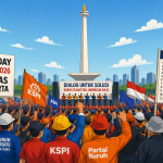 Ilustrasi aksi May Day 2026 di Monas Jakarta dengan massa buruh membawa spanduk tuntutan dan mengikuti dialog terbuka