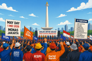 Ilustrasi aksi May Day 2026 di Monas Jakarta dengan massa buruh membawa spanduk tuntutan dan mengikuti dialog terbuka