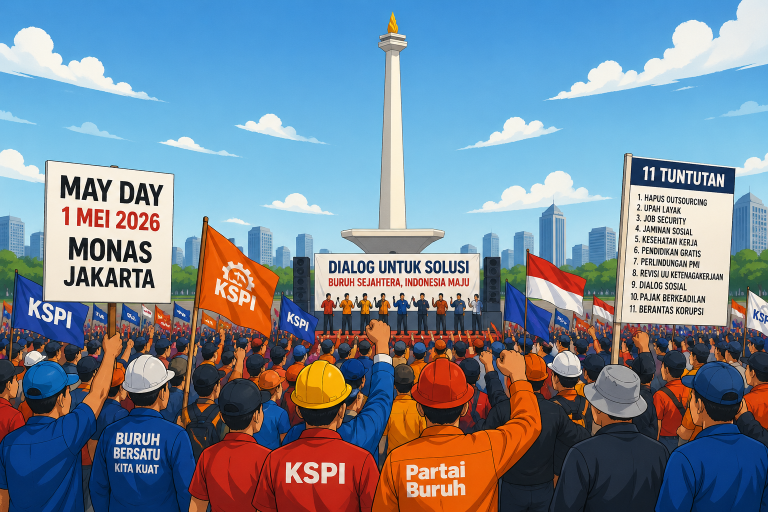 Ilustrasi aksi May Day 2026 di Monas Jakarta dengan massa buruh membawa spanduk tuntutan dan mengikuti dialog terbuka