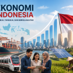 Infografik yang menggambarkan pertumbuhan ekonomi Indonesia, dengan elemen infrastruktur modern, energi terbarukan, pelabuhan, serta profesional yang bekerja dengan teknologi digital, menyoroti kemajuan negara dalam menghadapi masa depan yang berkelanjutan.