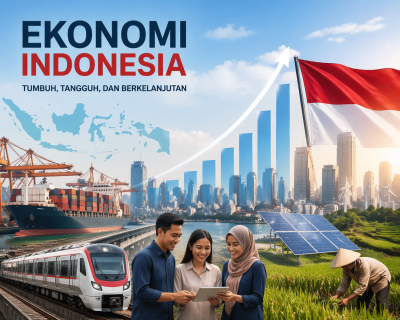Infografik yang menggambarkan pertumbuhan ekonomi Indonesia, dengan elemen infrastruktur modern, energi terbarukan, pelabuhan, serta profesional yang bekerja dengan teknologi digital, menyoroti kemajuan negara dalam menghadapi masa depan yang berkelanjutan.