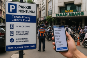 "Parkir nontunai Tanah Abang, QR code pembayaran e-Parking, petugas Dishub mengatur lalu lintas di Jakarta."