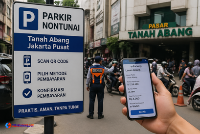 "Parkir nontunai Tanah Abang, QR code pembayaran e-Parking, petugas Dishub mengatur lalu lintas di Jakarta."