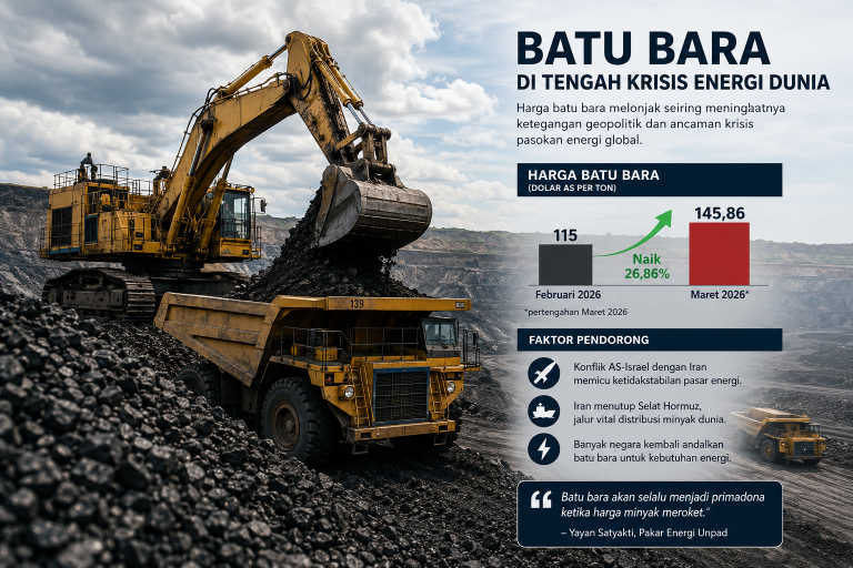 batu bara krisis energi dunia di area tambang terbuka dengan alat berat dan grafik kenaikan harga batu bara global