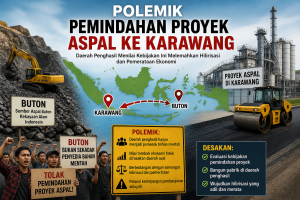 Ilustrasi pemindahan proyek aspal Karawang dari Buton yang memicu polemik, menampilkan peta Indonesia, aktivitas tambang, pabrik aspal, dan aksi penolakan masyarakat
