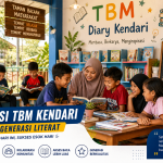 Anak-anak membaca buku bersama di Taman Bacaan Masyarakat (TBM) Kendari dengan suasana ruang literasi yang cerah, penuh warna, dan kegiatan edukatif interaktif.