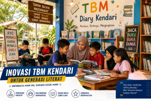 Anak-anak membaca buku bersama di Taman Bacaan Masyarakat (TBM) Kendari dengan suasana ruang literasi yang cerah, penuh warna, dan kegiatan edukatif interaktif.