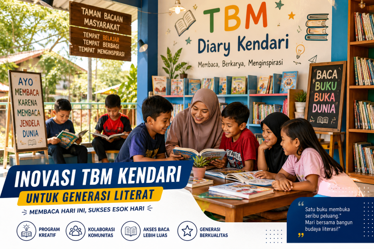 Anak-anak membaca buku bersama di Taman Bacaan Masyarakat (TBM) Kendari dengan suasana ruang literasi yang cerah, penuh warna, dan kegiatan edukatif interaktif.