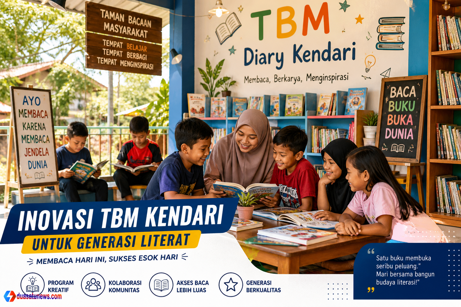 Anak-anak membaca buku bersama di Taman Bacaan Masyarakat (TBM) Kendari dengan suasana ruang literasi yang cerah, penuh warna, dan kegiatan edukatif interaktif.