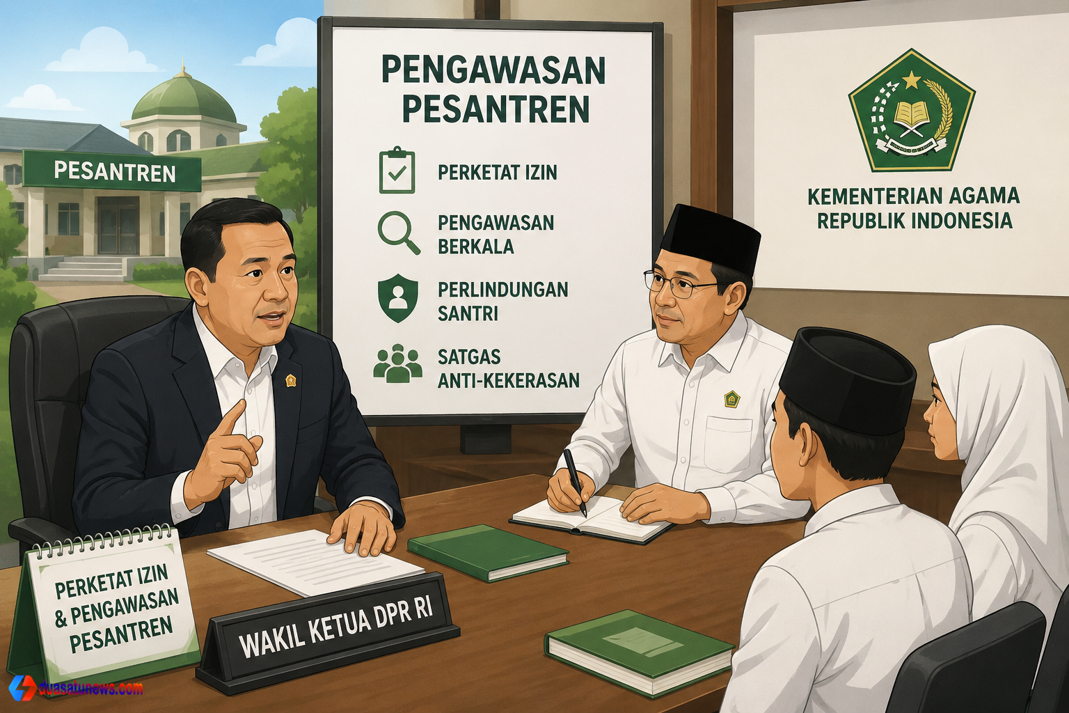 Ilustrasi pengawasan pesantren oleh DPR dan Kementerian Agama untuk memperketat izin serta perlindungan santri