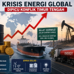 Ilustrasi krisis energi global akibat konflik Timur Tengah dengan tanker minyak di Selat Hormuz, lonjakan harga energi, dan aktivitas kilang minyak.