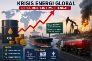 Ilustrasi krisis energi global akibat konflik Timur Tengah dengan tanker minyak di Selat Hormuz, lonjakan harga energi, dan aktivitas kilang minyak.