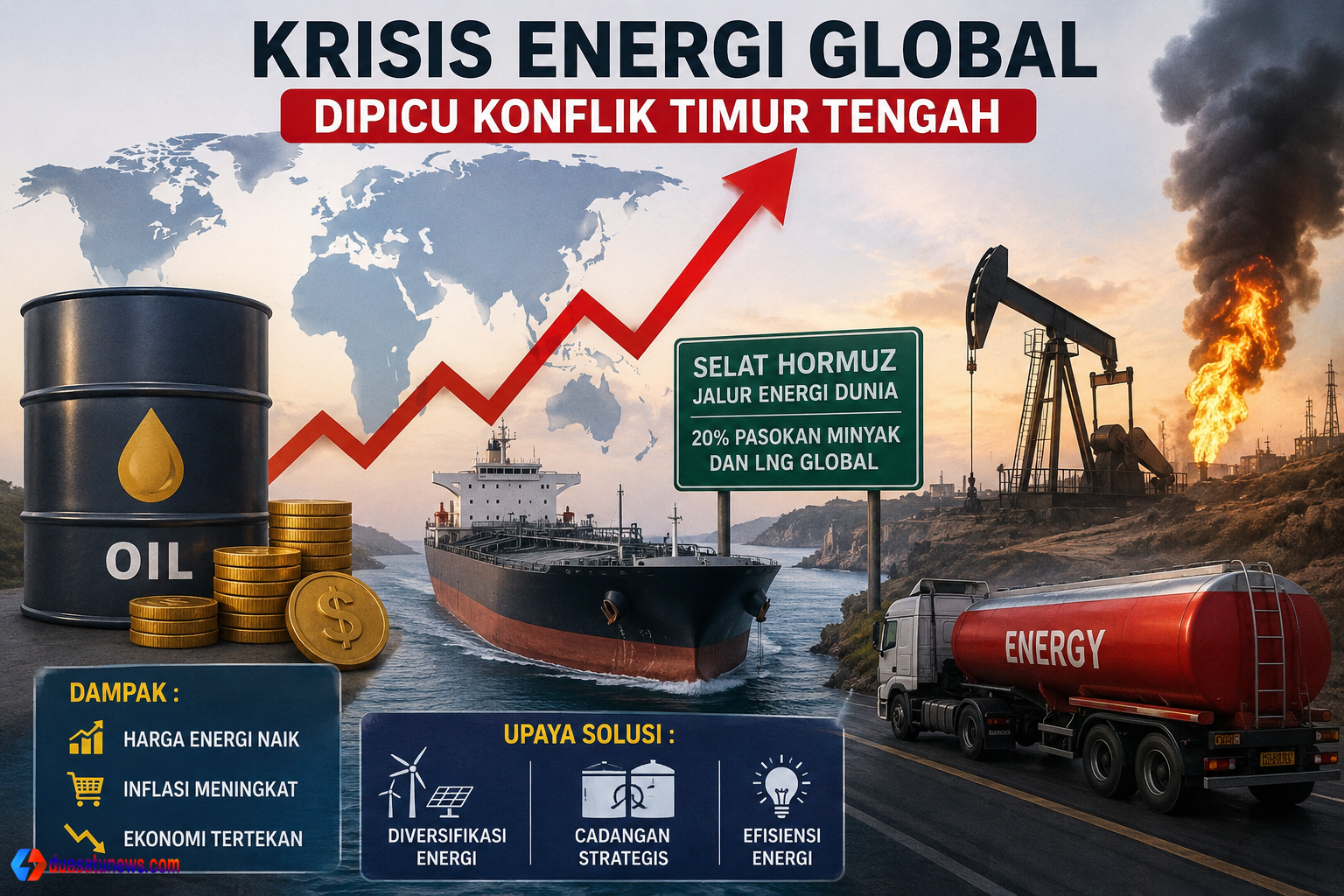 Ilustrasi krisis energi global akibat konflik Timur Tengah dengan tanker minyak di Selat Hormuz, lonjakan harga energi, dan aktivitas kilang minyak.