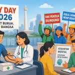 Ilustrasi kesehatan buruh May Day 2026 dengan layanan cek kesehatan gratis dan dukungan kesehatan mental pekerja di Jakarta