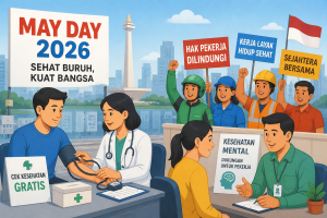 Ilustrasi kesehatan buruh May Day 2026 dengan layanan cek kesehatan gratis dan dukungan kesehatan mental pekerja di Jakarta