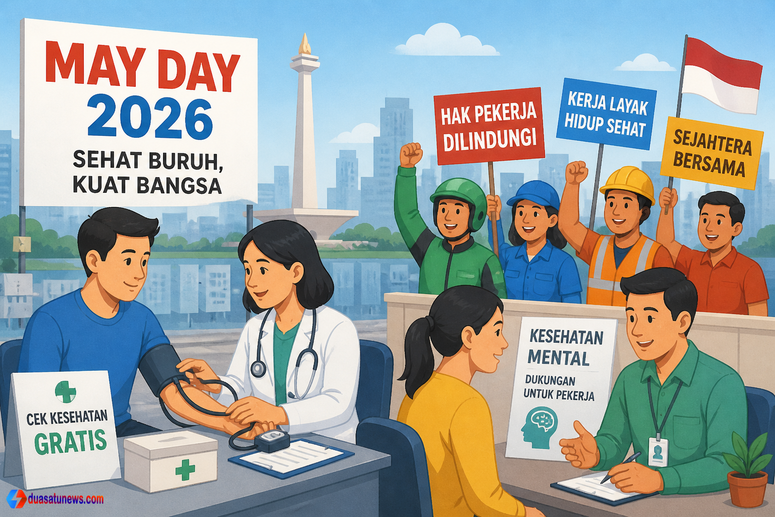Ilustrasi kesehatan buruh May Day 2026 dengan layanan cek kesehatan gratis dan dukungan kesehatan mental pekerja di Jakarta