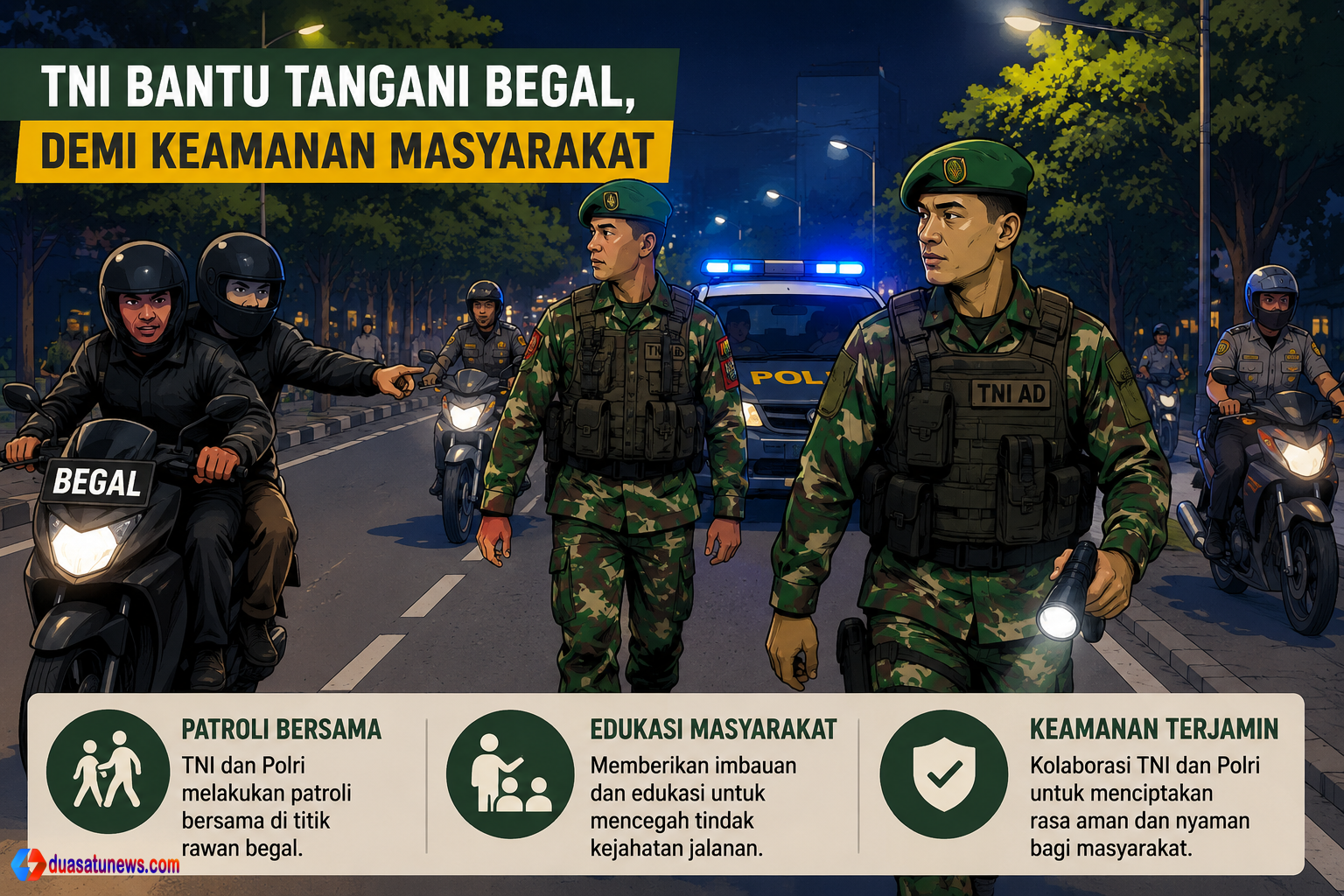 TNI bantu tangani begal melalui patroli bersama TNI dan Polri untuk menjaga keamanan masyarakat