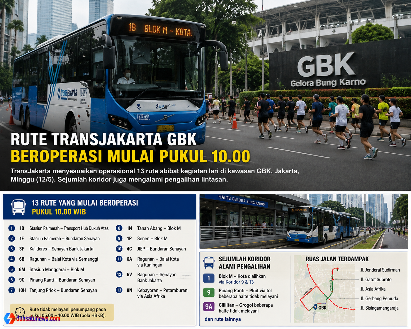 “Rute Transjakarta GBK beroperasi mulai pukul 10.00 WIB akibat kegiatan lari di kawasan Gelora Bung Karno Jakarta”