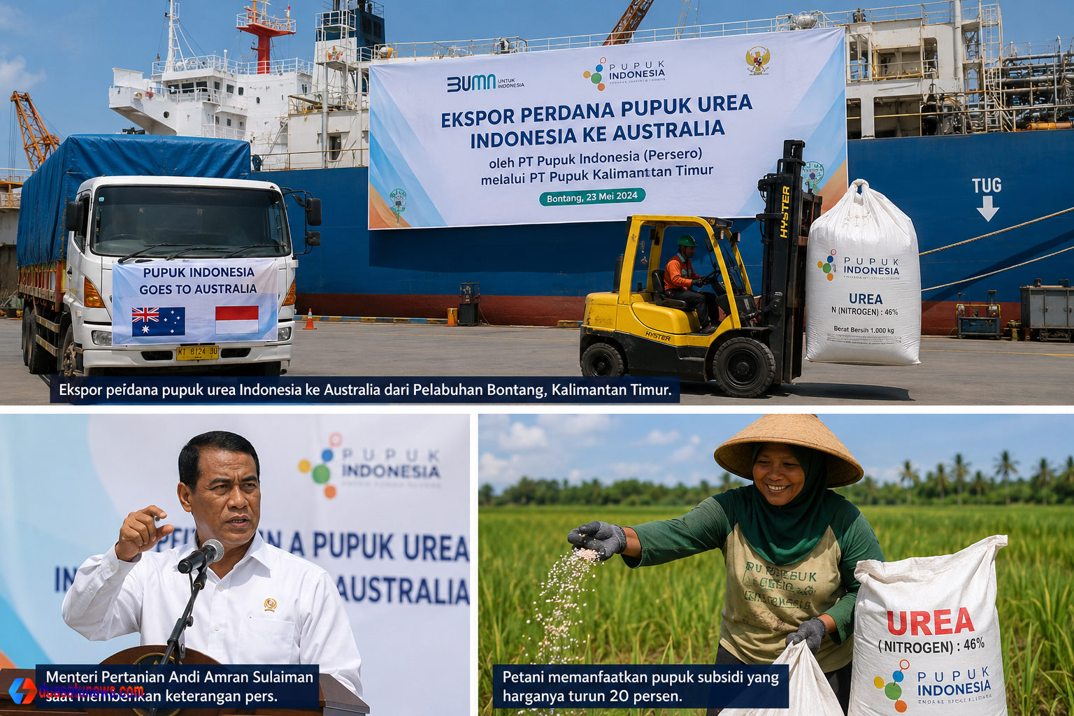 Pupuk RI tembus Australia melalui ekspor perdana urea dari Pelabuhan Bontang disertai penurunan harga pupuk subsidi 20 persen untuk petani Indonesia.
