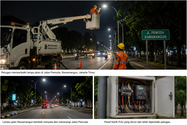 lampu jalan Rawamangun, perbaikan PJU Jakarta Timur, Jalan Pemuda Rawamangun