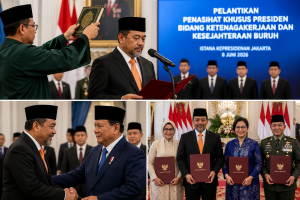 Said Iqbal Presiden Partai Buruh saat pelantikan sebagai Penasihat Khusus Presiden Bidang Ketenagakerjaan dan Kesejahteraan Buruh di Istana Kepresidenan Jakarta