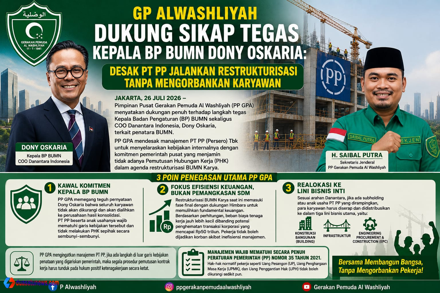 GP Alwashliyah Dukung Sikap Tegas Kepala BP BUMN Dony Oskaria: Desak PT PP Jalankan Restrukturisasi Tanpa Mengorbankan Karyawan